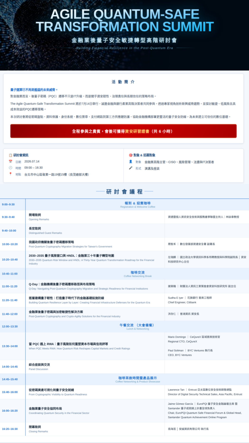 國立中興大學「資通暨個人資訊安全技術與服務產學聯盟」舉辦「Agile Quantum-Safe Transformation Summit：金融業後量子安全敏捷轉型高階研討會」